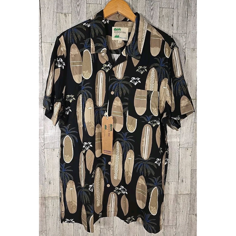 Kahuna Bay Shirt LARGE Mens Hawaiian Surf Boards Black Beige Vintage Wash NEW
